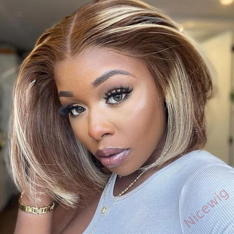 Straight Bob Wig Brown Mixed Blonde Highlights Wig