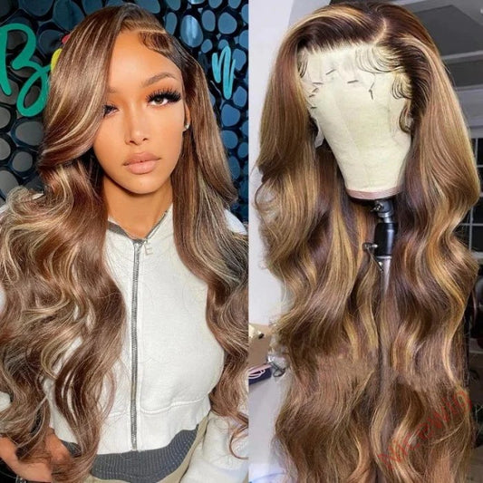New Glueless Brown Mixed Blonde Highlights Loose Wave Long Wig