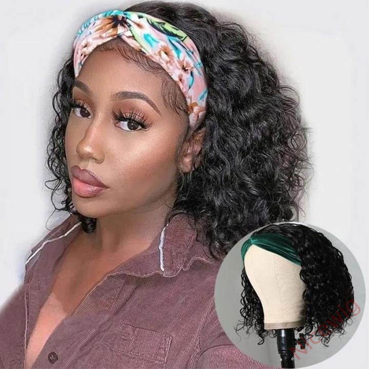 Natural Black Curly Headband Short Bob Wig