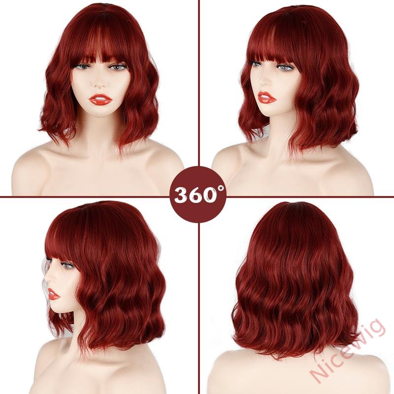 Wine Red Medium Hiar Bob Body Wave Wig With Bangs