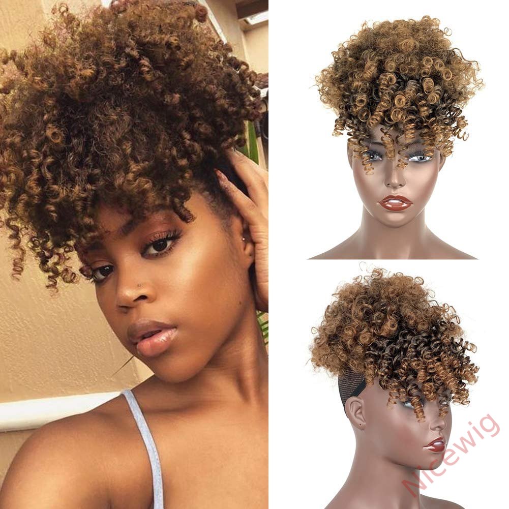 Gloden Blonde Afro Puff Drawstring Ponytail with Bangs Kinky Curly Hair Bun with Spring Curl Bangs Clip in Hairpieces
