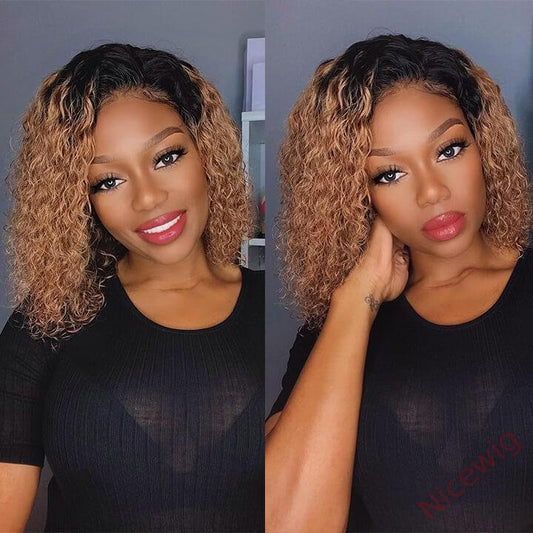 Black Gradient Light Brown Short Bob Centre Parting Curly Wig