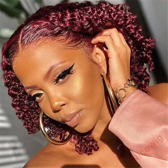 Wine Red Short Curly Lace Front Wigs With Baby Hair