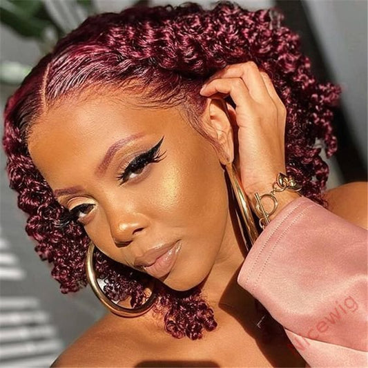 Wine Red Short Curly Lace Front Wigs With Baby Hair