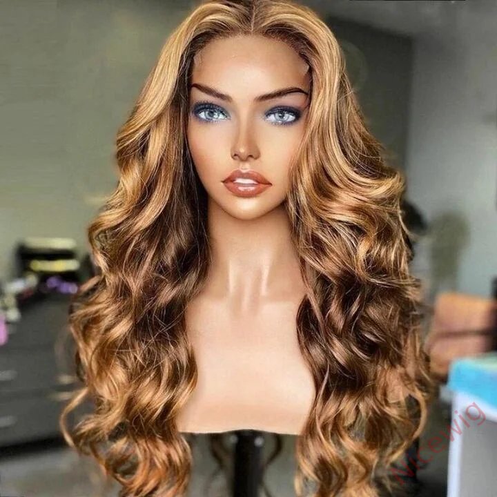 Glueless Brown Mixed Blonde Highlights Loose Wave Long Wig