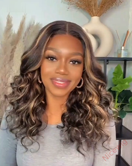 Brown Mixed Blonde Highlights Loose Wave Glueless Wig