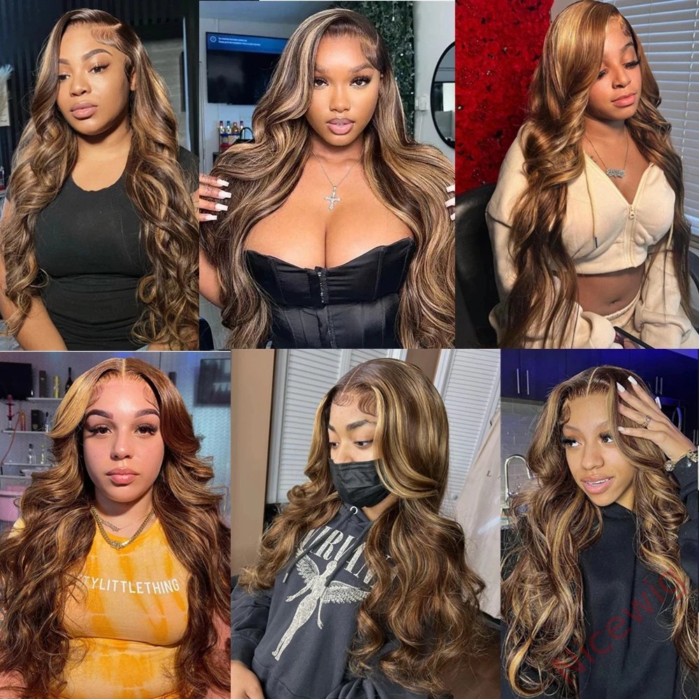 Glueless Brown Mixed Blonde Highlights Loose Wave Long Wig