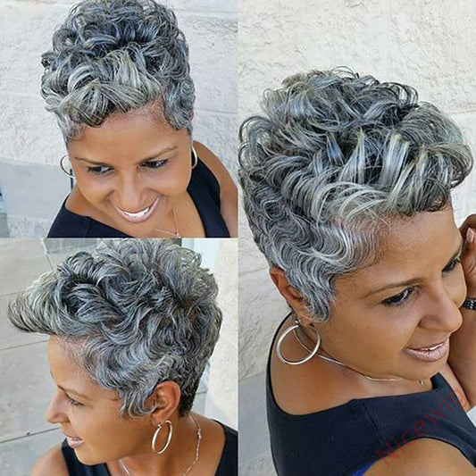 Gray Pixed Cut Short Curly Wave Wig