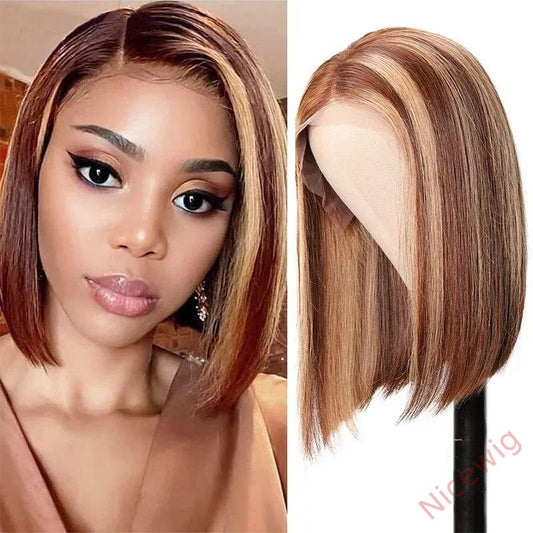 Straight Bob Wig Brown Mixed Blonde Highlights Wig