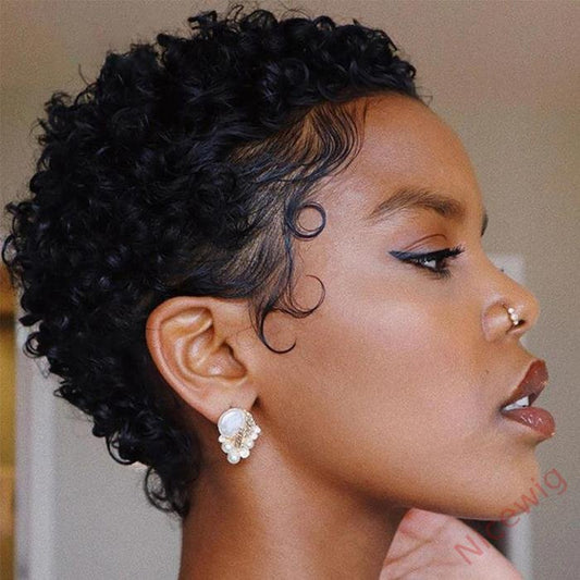 Afro Short Pixed Cut Wig Curly Hair Wig Without Bang