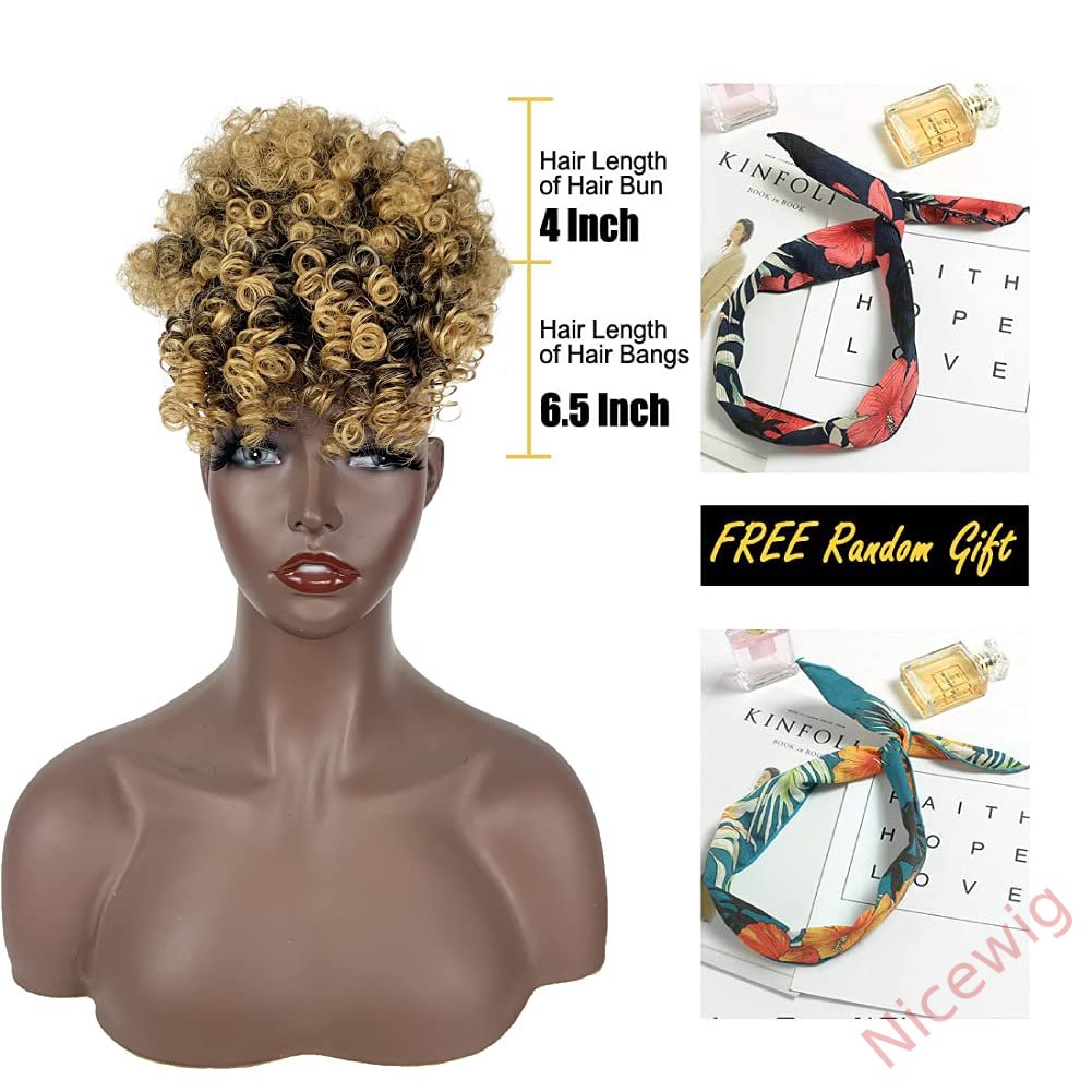 Gloden Blonde Afro Puff Drawstring Ponytail with Bangs Kinky Curly Hair Bun with Spring Curl Bangs Clip in Hairpieces