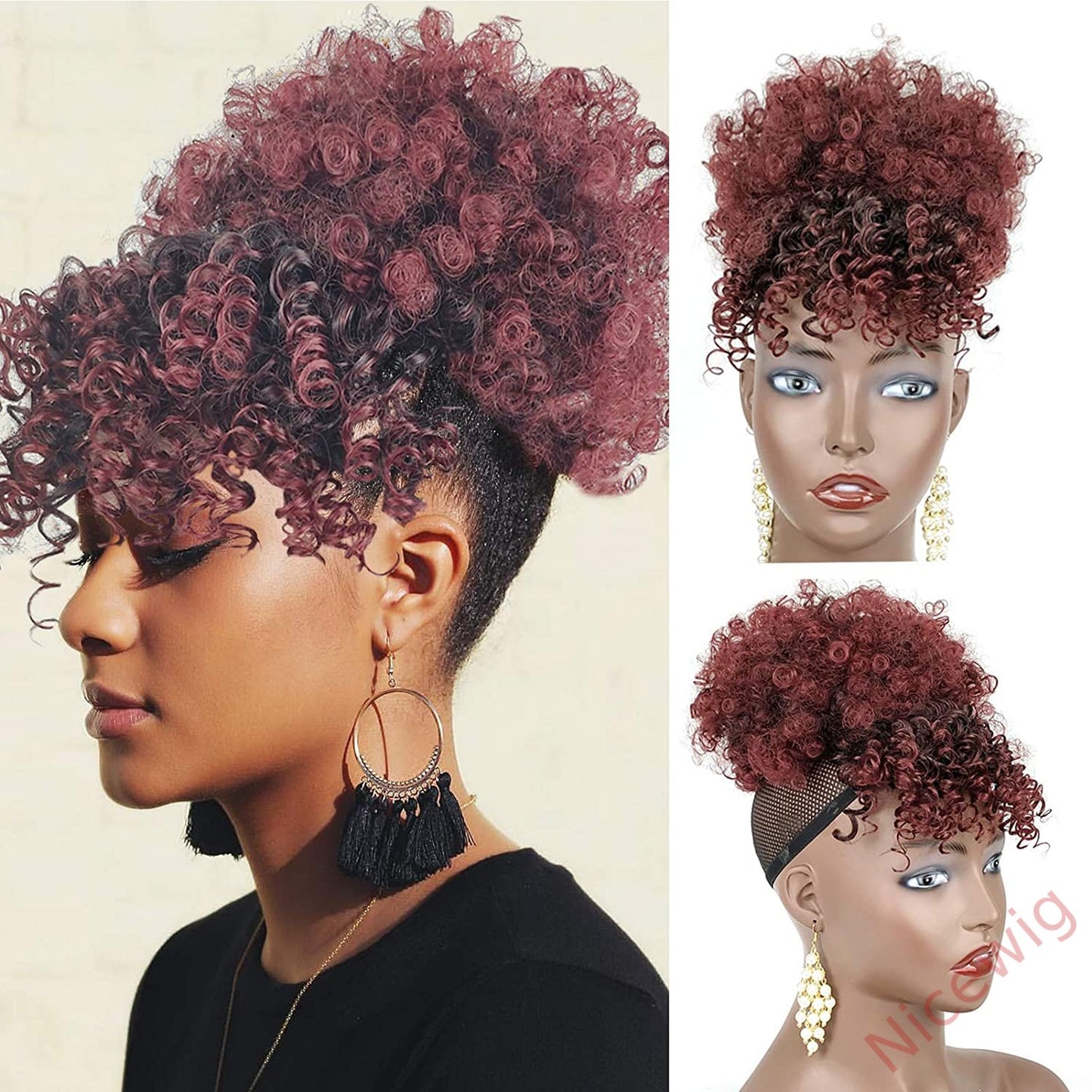 Gloden Blonde Afro Puff Drawstring Ponytail with Bangs Kinky Curly Hair Bun with Spring Curl Bangs Clip in Hairpieces