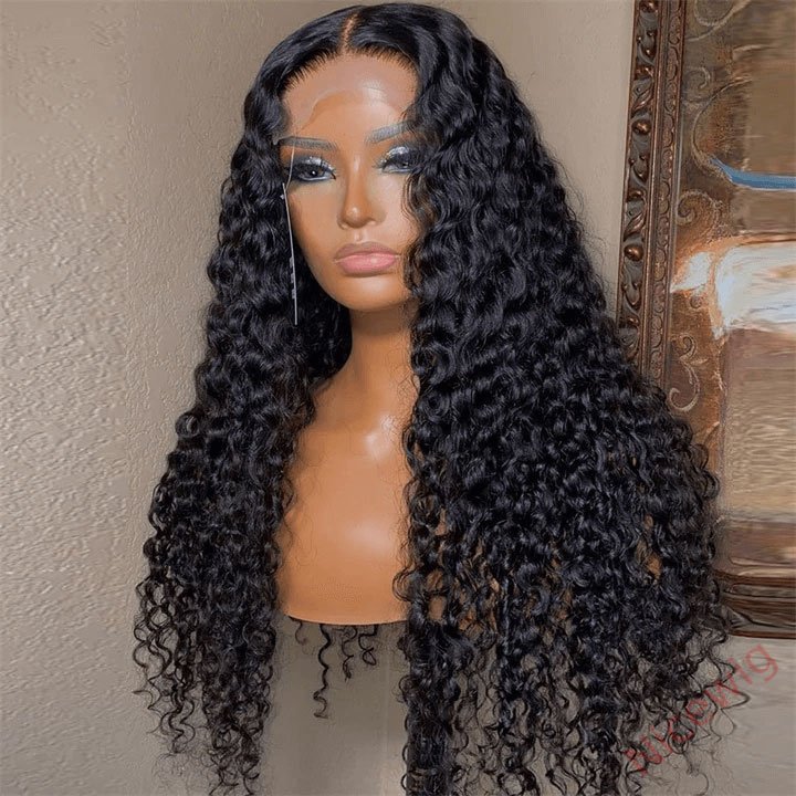 Glueless Brazilian Natural Black Water Wave Long Curly Wig