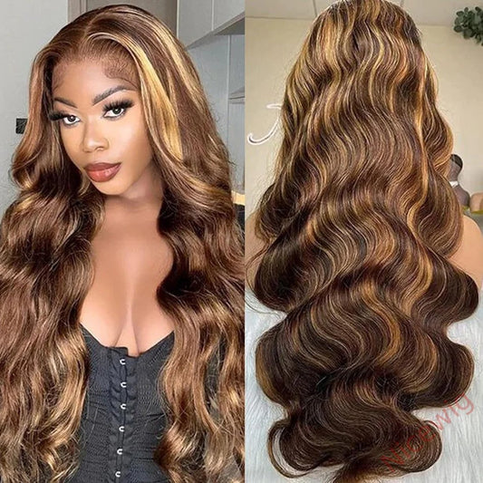 Glueless Brown Mixed Blonde Highlights Loose Wave Long Wig