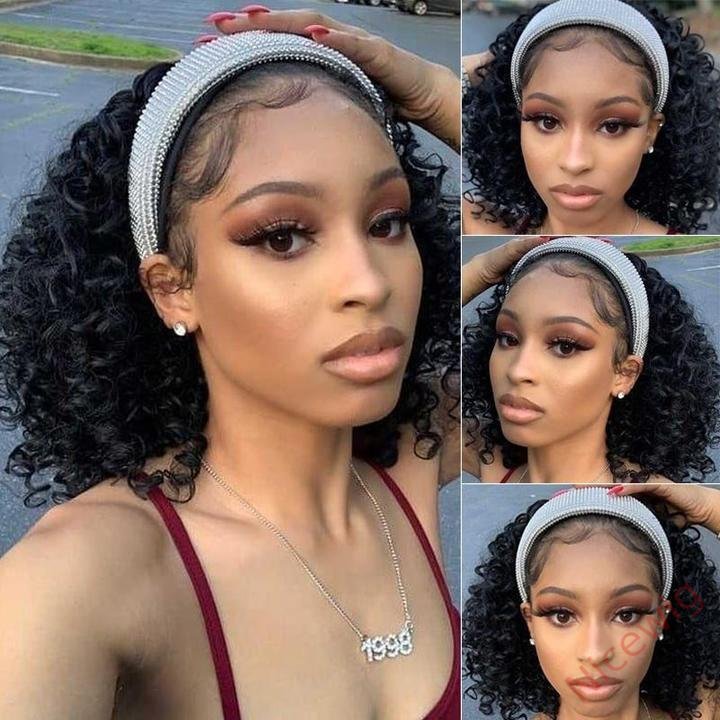 Natural Black Curly Headband Short Bob Wig
