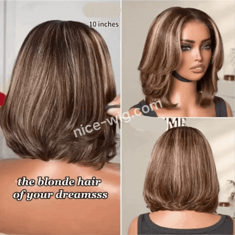 New Glueless Short Bob Hair Brown mixed Blonde Wavy Wig