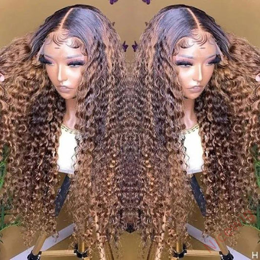 Brown Mixed Blonde Brazilian Water Wave Curly Wigs