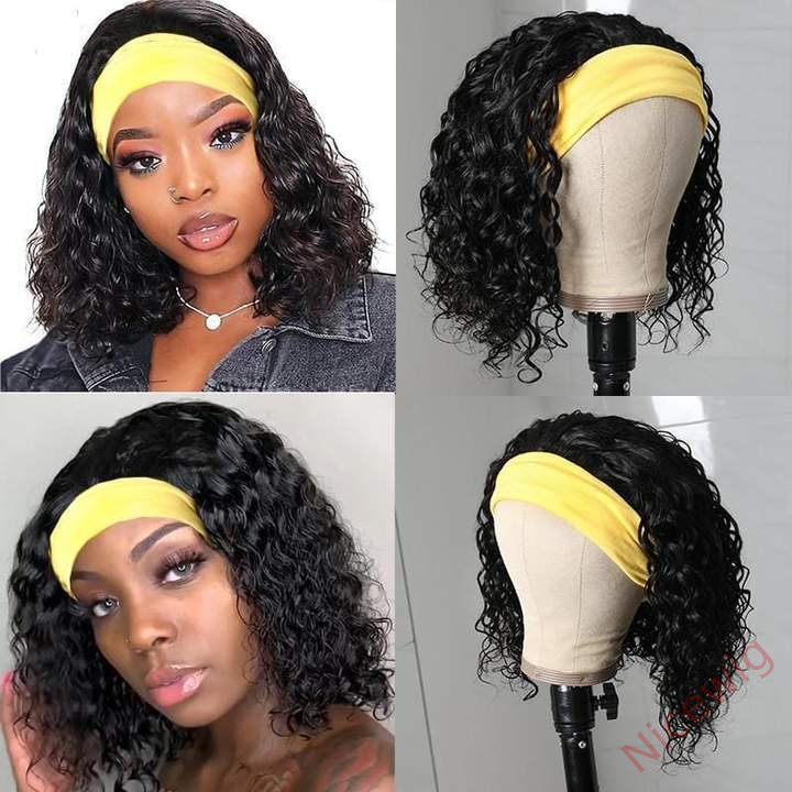 Natural Black Curly Headband Short Bob Wig
