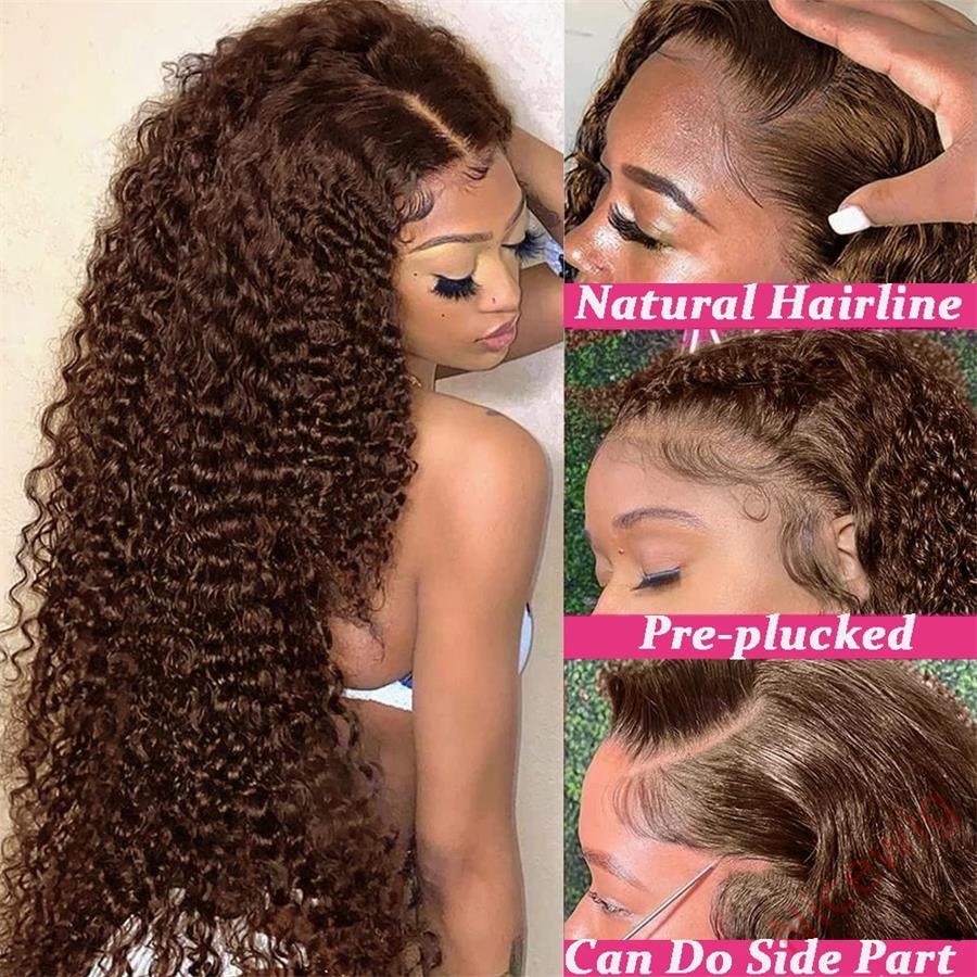 Glueless Dark Brown Brazilian Water Wave Long Curly Wigs