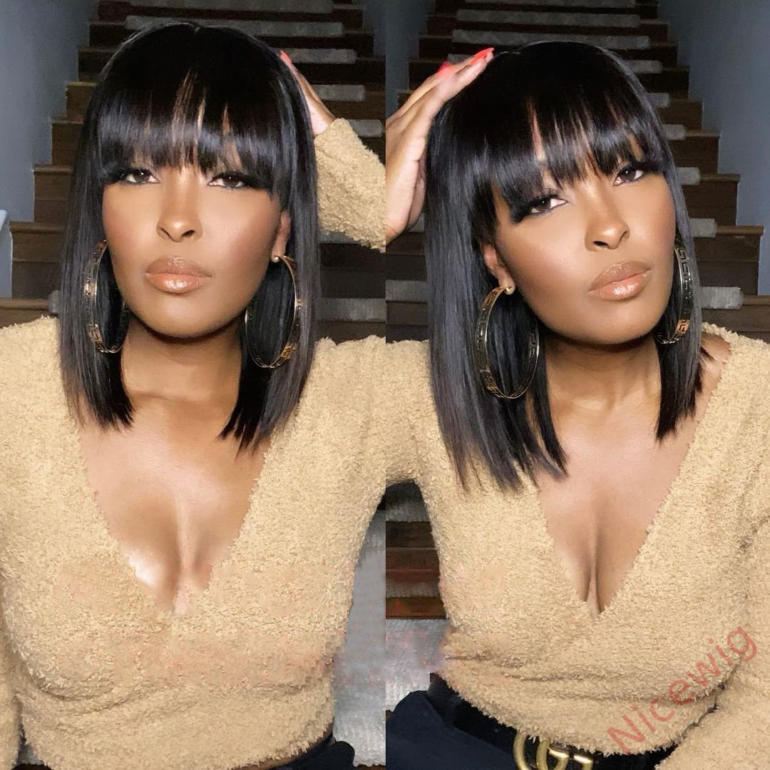 Glueless Short Bob Wig With Bangs Straight Brazilian Hair Wigs