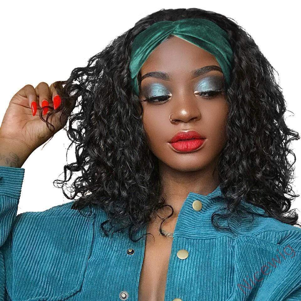 Natural Black Curly Headband Short Bob Wig