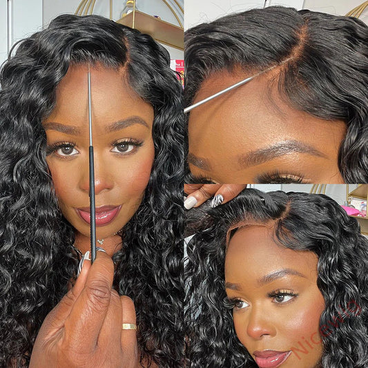 Glueless Brazilian Natural Black Water Wave Long Curly Wig