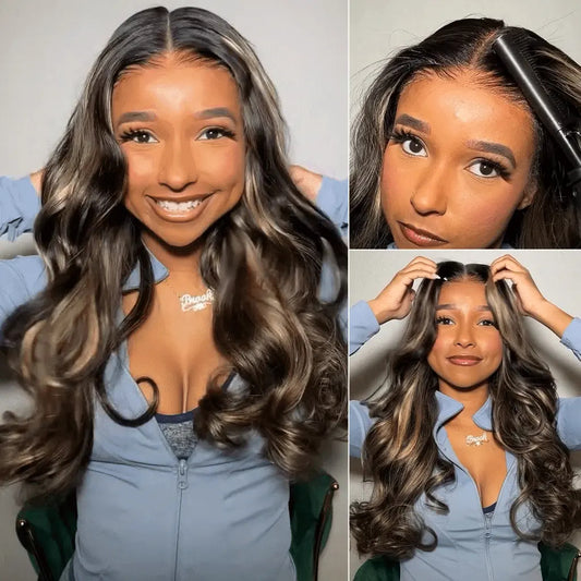 Glueless Brown Mixed Blonde Highlights Loose Wave Long Wig
