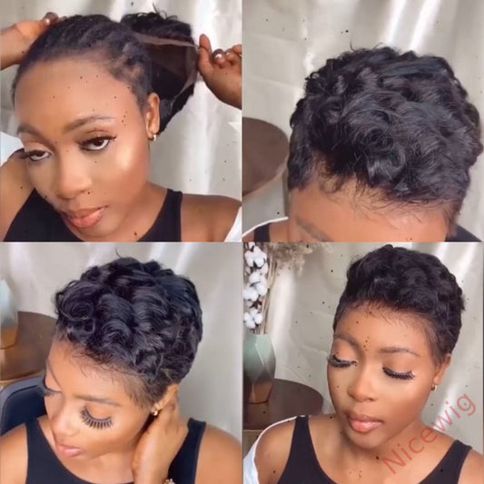 Natural Black Short Wavy Curly Pixed Cut Wig