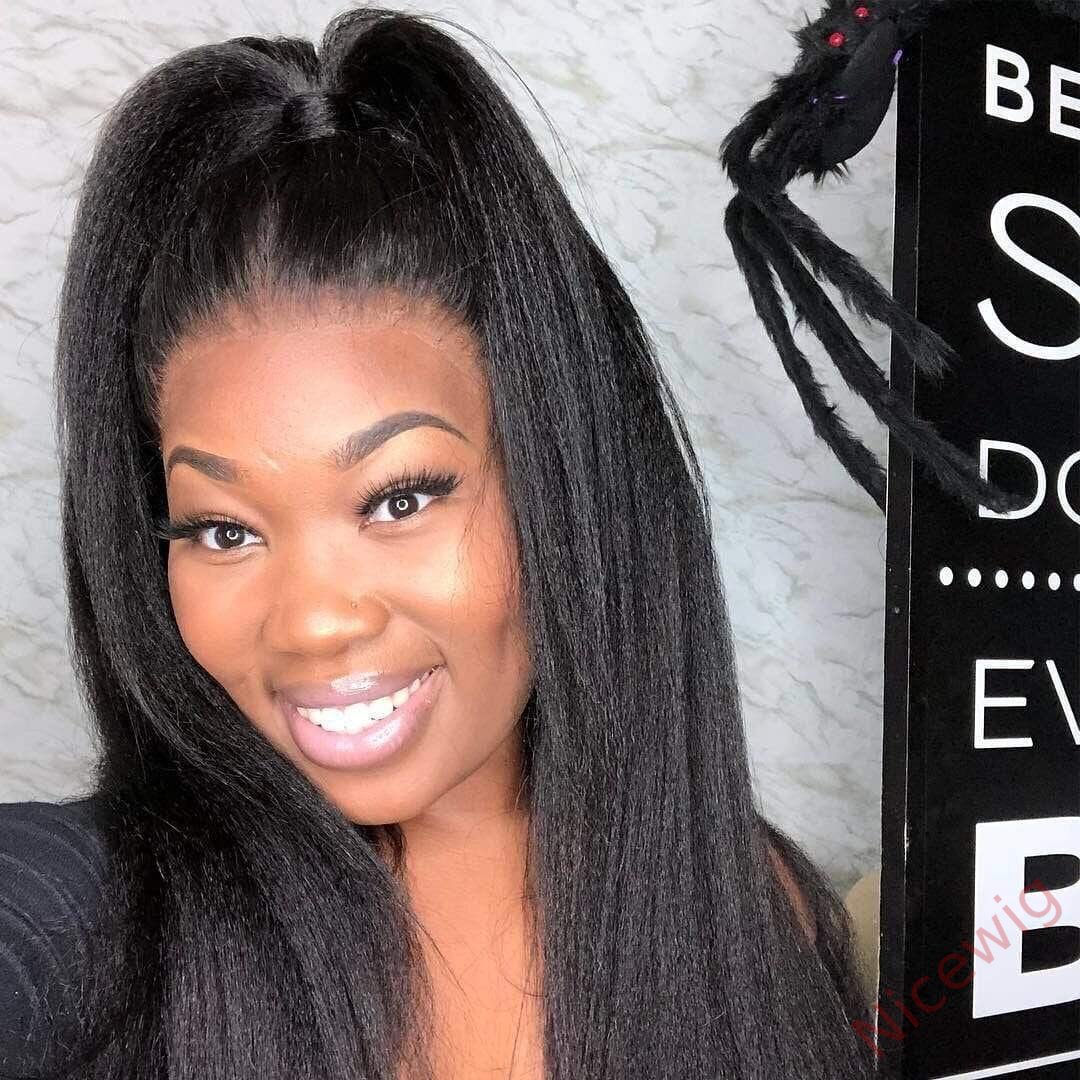 Kinky straight 200% density glueless brazilian black wigs with baby hair