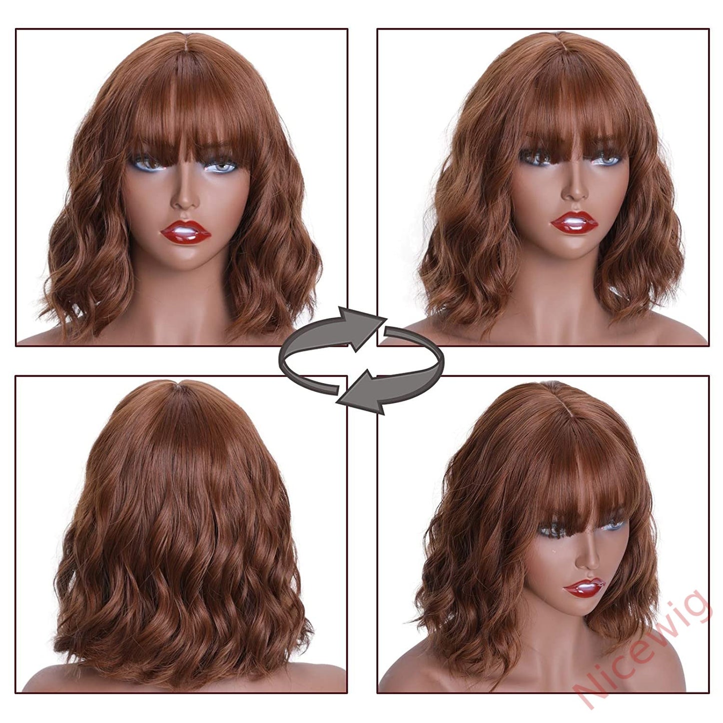 Brown Medium Hiar Bob Body Wave Wig With Bangs