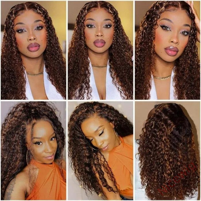 Brown Mixed Blonde Brazilian Water Wave Curly Wigs