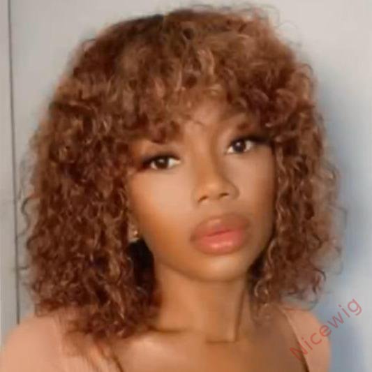 Light Brown Brazilian Remy Curly Hair Wig With Bangs Glueless Wigs