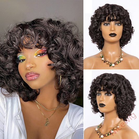 Kinky Curly Wigs With Bangs Fluffy African Ombre Glueless Wigs
