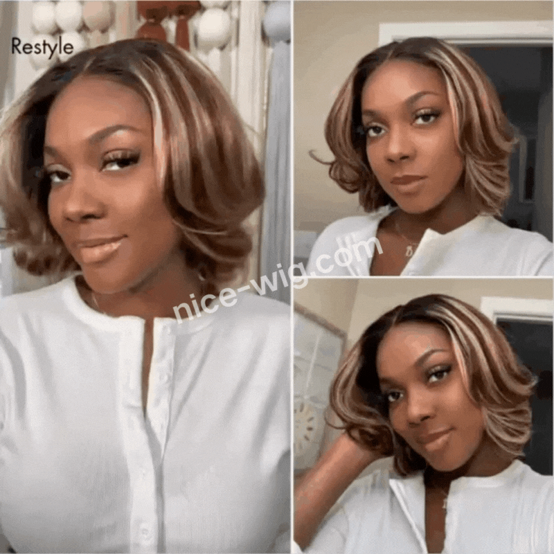 New Glueless Short Bob Hair Brown mixed Blonde Wavy Wig