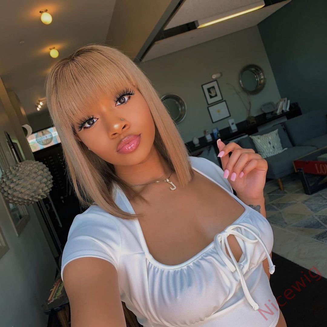 Short Straight Wig Light Brown Bob Wig With Bangs
