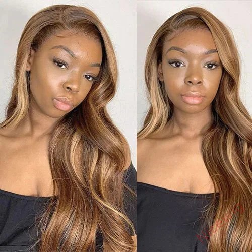 Glueless Brown Mixed Blonde Highlights Loose Wave Long Wig