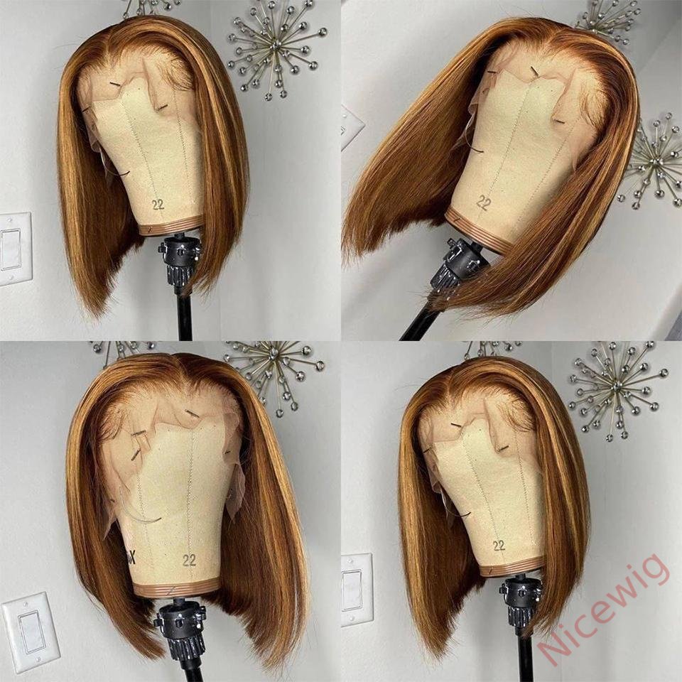 Straight Bob Wig Brown Mixed Blonde Highlights Wig