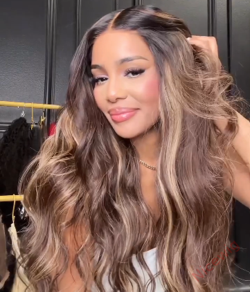 New Glueless Brown Mixed Blonde Highlights Loose Wave Long Wig