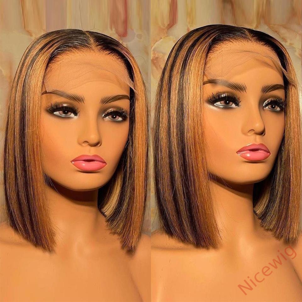 Straight Bob Wig Brown Mixed Blonde Highlights Wig