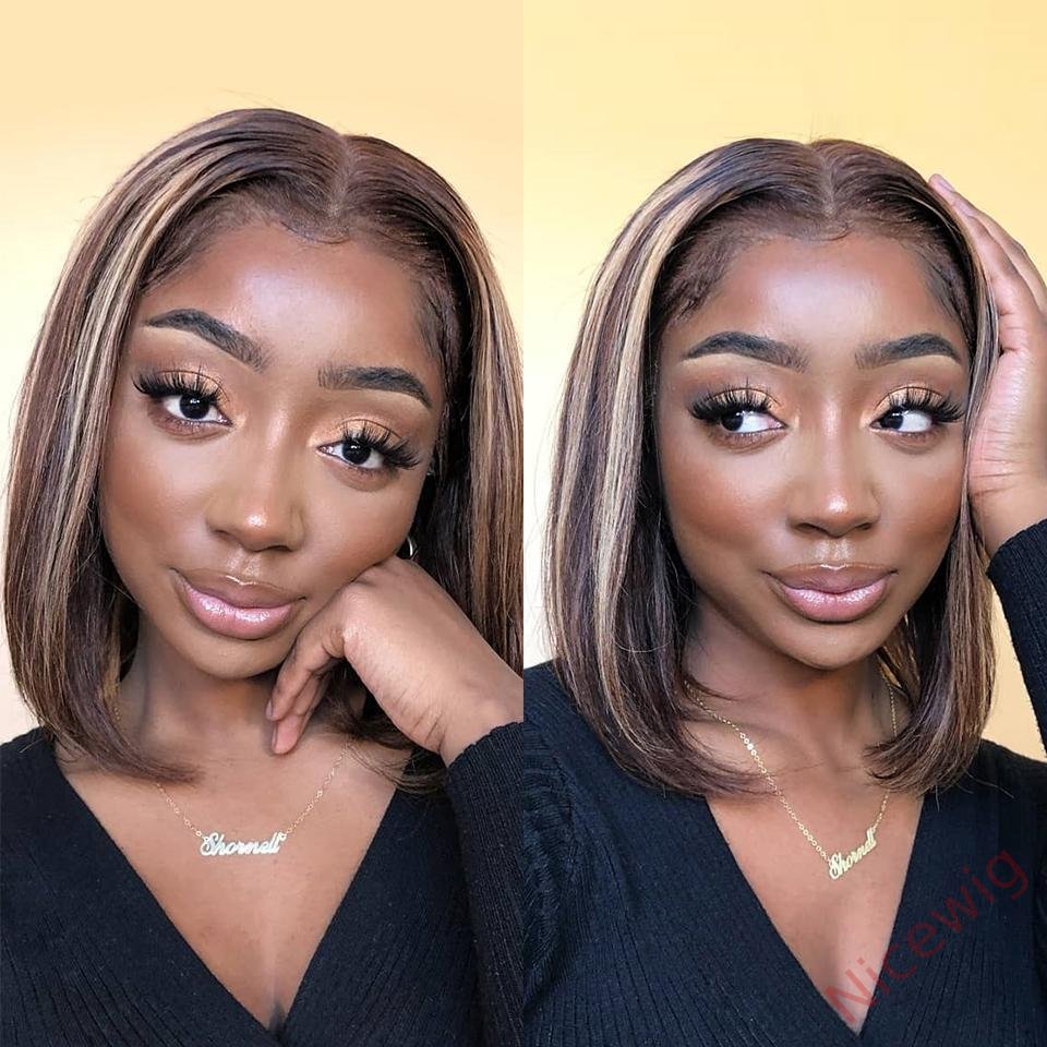 Straight Bob Wig Brown Mixed Blonde Highlights Wig