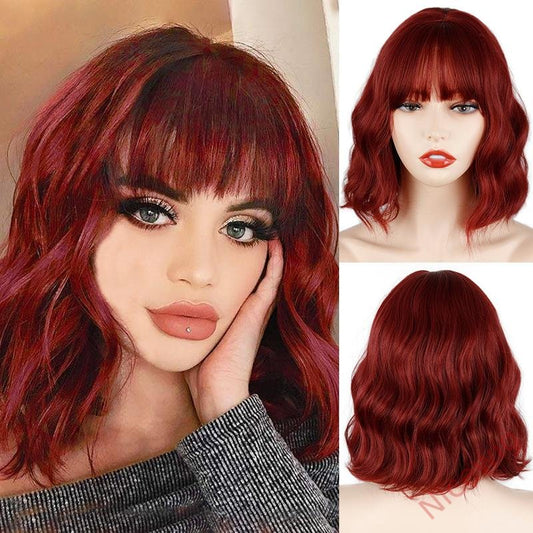 Wine Red Medium Hiar Bob Body Wave Wig With Bangs