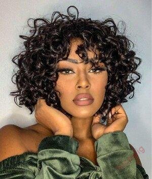 Black Brazilian Remy Curly Hair Bob Wig With Bangs Glueless Wig