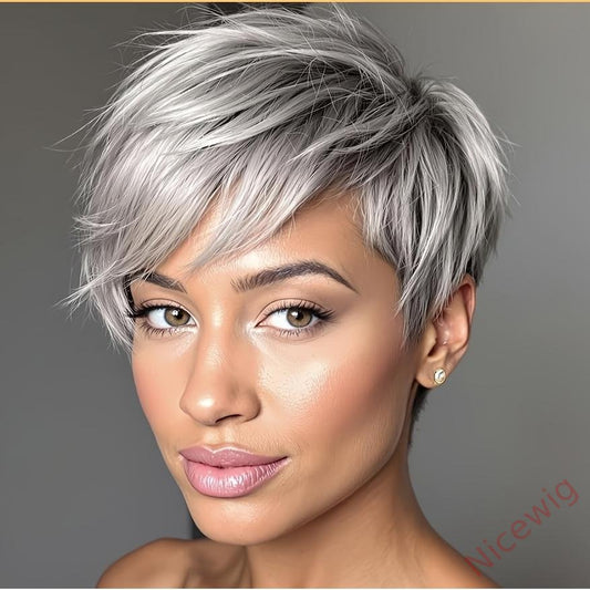 6 Inch Short Straight Pixie Cut Wig Silvery Grey 150% Density Brazilian Remy Hair
