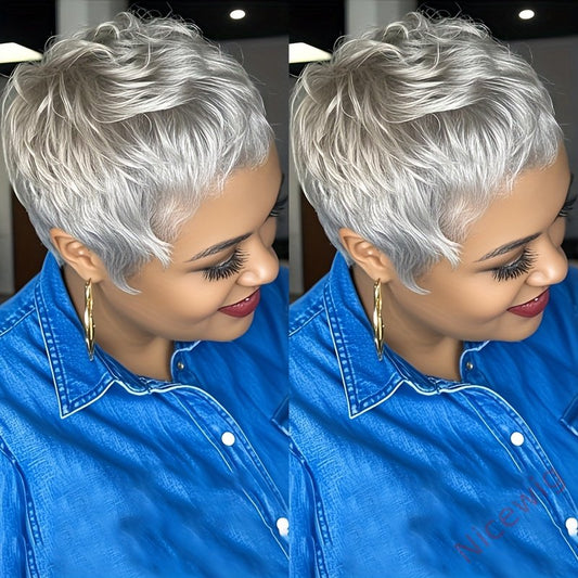 Short Straight Pixie Cut Wig Silvery Grey Brazilian Remy Hair