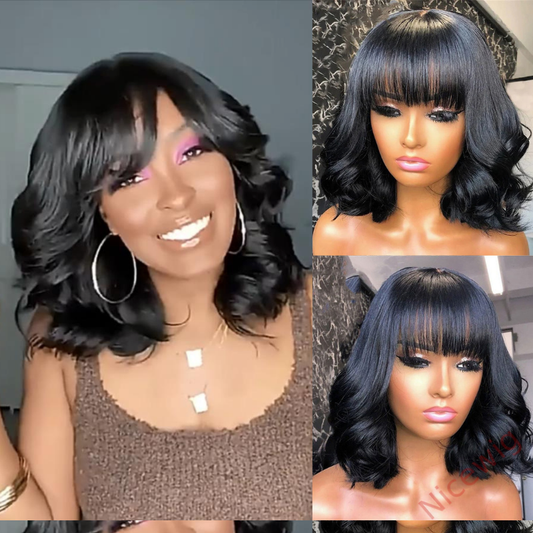 Natural Black Medium Hair Bob Body Wave Wig With Bangs