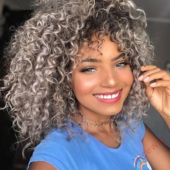 Salt and Pepper Curly Hair Wig With Bangs Glueless Wigs