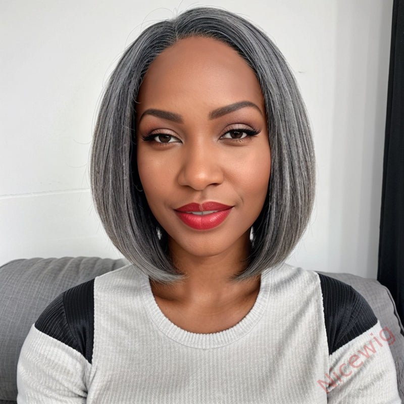 Salt and Pepper Grey Glueless Straight Bob Hair Wig