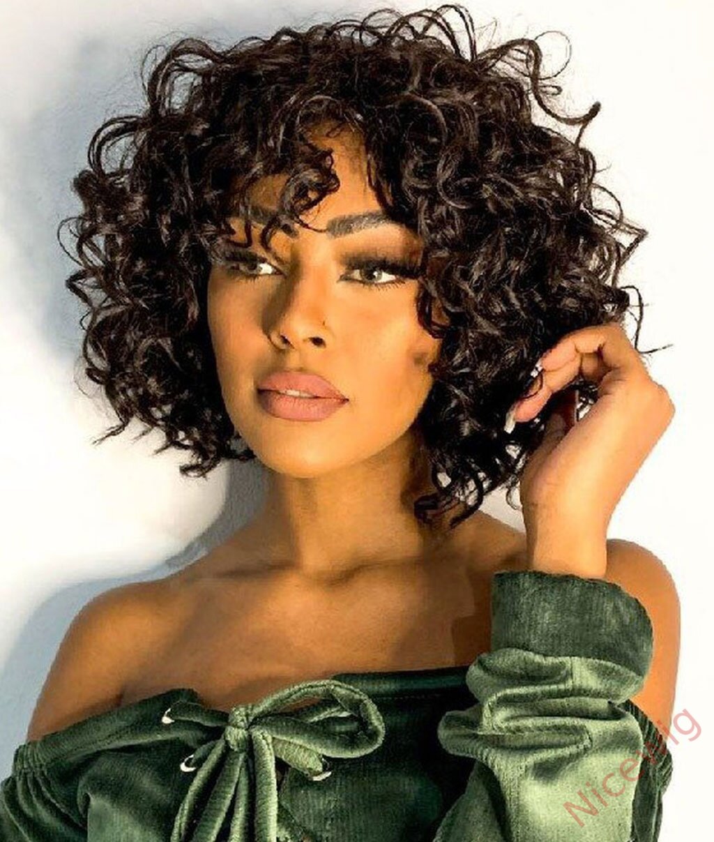 Black Brazilian Remy Curly Hair Bob Wig With Bangs Glueless Wig