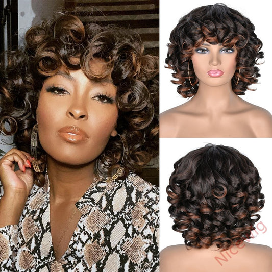 Kinky Curly Wigs With Bangs Fluffy African Ombre Glueless Wigs