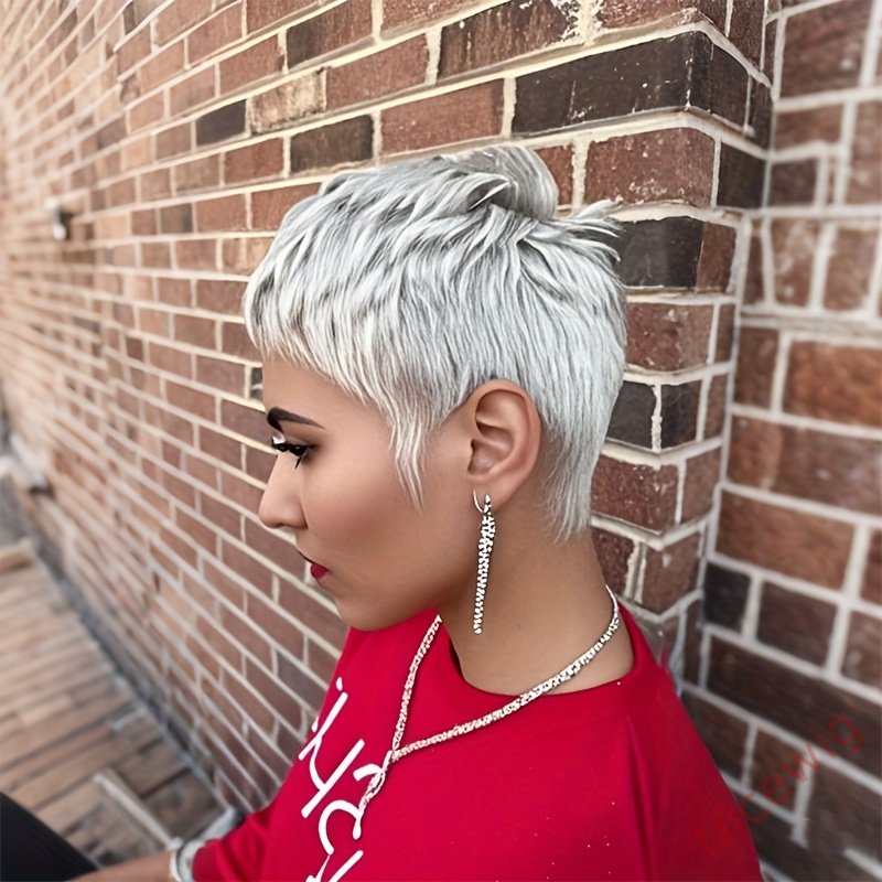 Short Straight Pixie Cut Wig Silvery Grey Brazilian Remy Hair